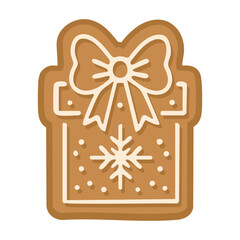 Festive gingerbread cookie shaped like christmas gift box with bow and snowflake icing.