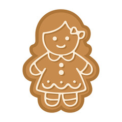 Cute gingerbread cookie shaped like a little girl with dress and bow decoration.