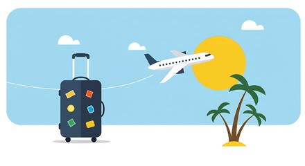 Dream vacation awaits, suitcase ready for travel adventure with plane flying overhead