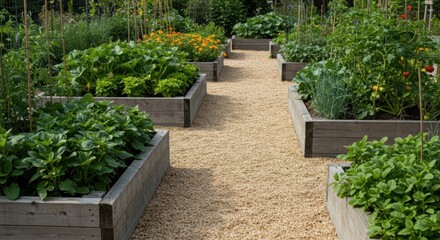 Green raised garden beds aligned along gravel pathway
