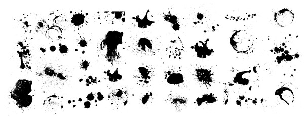 Set of blots. Splatter Paint Texture . Black Spray Blot of Ink. Place illustration Over any Object to Create Grungy Effect . hand drawn. Not AI, Vector