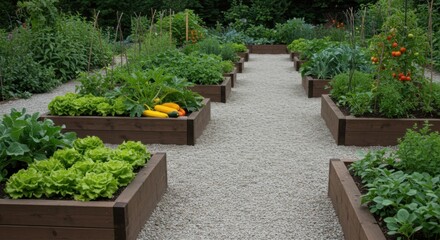 Organized vegetable garden featuring raised beds and gravel walkway