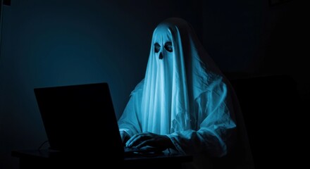 Man disguised as ghost browsing computer device