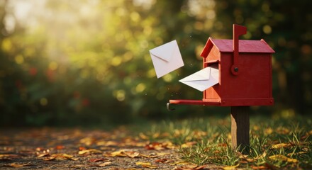 Paper envelope flying from red mailbox