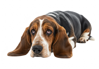 Basset hound dog lying down, isolated on transparent background