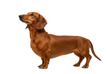 A smoothhaired brown dachshund dog standing and looking up, isolated on transparent background