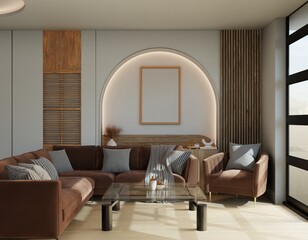 Modern, neutral-toned living room with a wood accent wall, arched niche, and large window