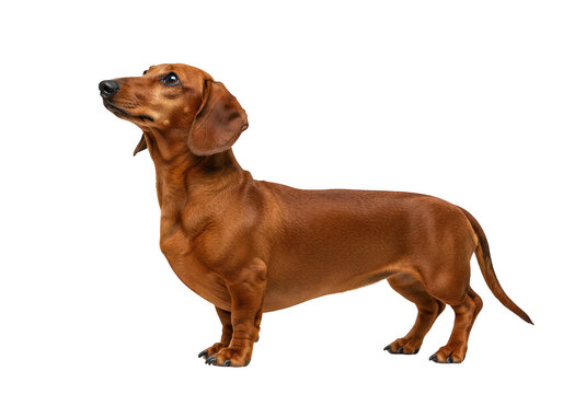 A smoothhaired brown dachshund dog standing and looking up, isolated on transparent background - Powered by Adobe