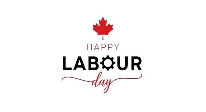 Happy labour day greeting with a red maple leaf and a gear symbolizing industry and work