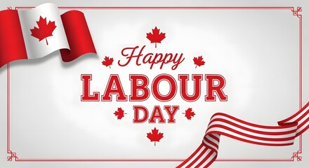 Obraz premium Happy labour day in canada with canadian flags and red ribbon, celebrating workers and their contributions