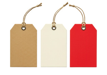 Three colorful paper price tags with string isolated on transparent background