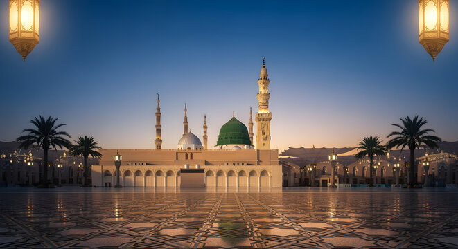 Elegant Milad Un Nabi background with mosque crescent lanterns starry sky Mawlid Al Nabi celebration Islamic design