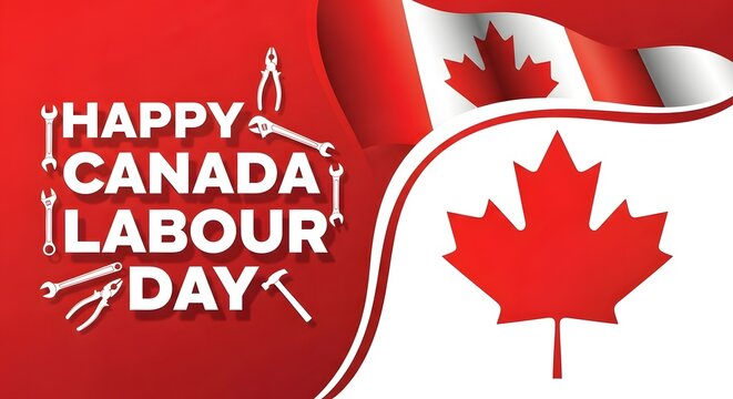 Happy canada labour day message with tools and canadian flag elements, honoring workers and their contributions to the nation