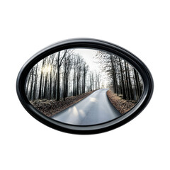 Fototapeta premium Reflecting Beauty: Black Oval Car Mirror Showing Road and Trees