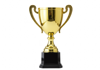 A gleaming golden trophy with handles and a black base, symbolizing victory and achievement, isolated on transparent background