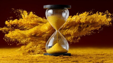 Hourglass Filled with Vibrant Yellow Sand Surrounded by Dynamic Swirling Particles
