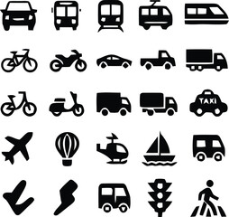 Transportation Icon Set – Black Vector Symbols of Vehicles, Aircraft, Boats, and Traffic Elements in Grid