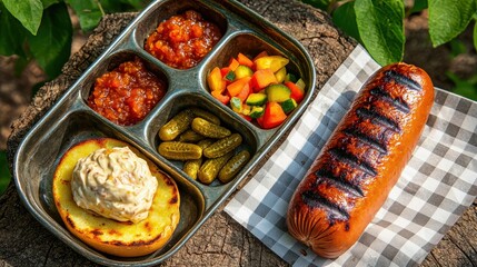 Hotdog condiments selection in vintage metal compartmented tray with grilled sausage, pickles, tomato relish and herb aioli on checkered cloth outdoor setting