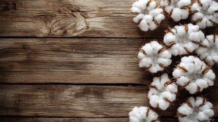 Fototapeta premium Raw cotton bolls scattered on weathered wooden planks creating natural organic texture background for sustainable eco-friendly brand design applications