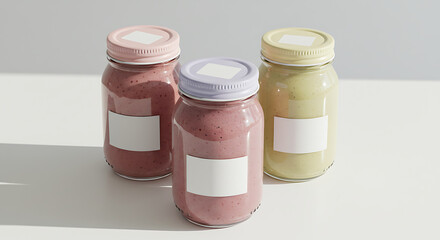 This professional product mockup features three clean jars of smoothies with pastel lids and blank labels, expertly placed on a light background. 