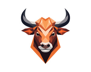 Geometric bull head illustration with orange, brown, and black colors on a white background.