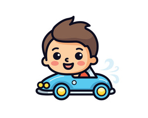 Cartoon boy driving a blue toy car, cheerful expression, simple design.
