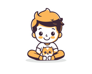 A happy young boy sits cross-legged, gently cradling a small, adorable kitten.