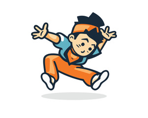 Energetic cartoon boy joyfully leaping mid-air, arms outstretched.