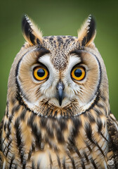 Obraz premium Close-up of a watchful owl with piercing yellow eyes.