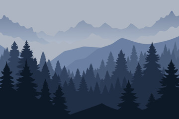 Misty blue mountain range with dense evergreen forest landscape