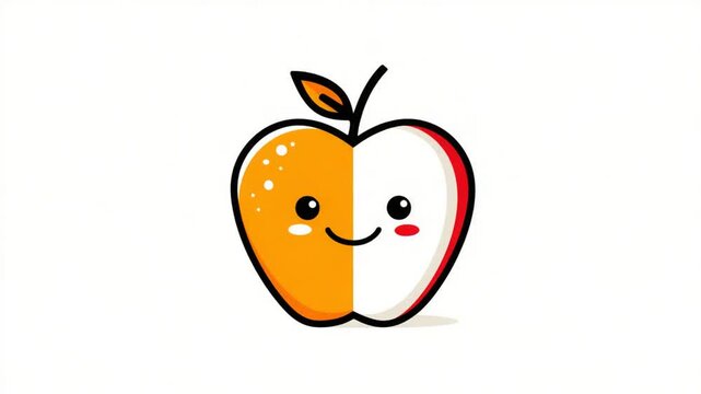 Cute cartoon apple, split in half, orange and red, with expressive eyes, mouth, and a tongue