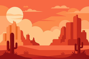 Vibrant desert landscape with cacti and mesas under a setting sun