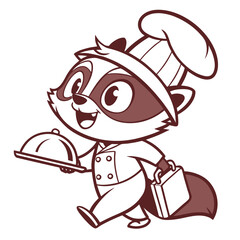 Vector art of a cheerful raccoon chef carrying a tray and suitcase, perfect for culinary or restaurant themed designs