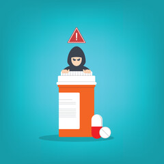 Fake medicine. Pill and tablet with criminal selling illegal drugs. Fake drugs, pharmaceutical. Symbolic for harmful counterfeit pills, risk and danger of illegal produced and sold pharmaceuticals.