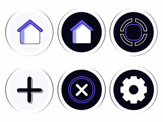 Vector art of collection of six round icons with different symbols, , perfect for user interface design projects