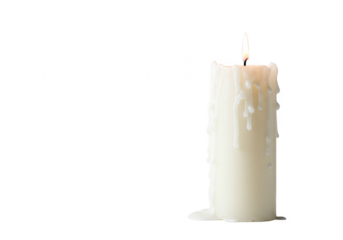 A single white candle burning with a flame and dripping wax, isolated on a transparent background