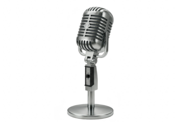 A vintage silver microphone on a stand, isolated on a transparent background
