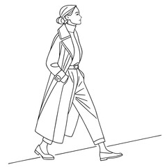 Vector art of elegant woman in trench coat and pants walking on the street