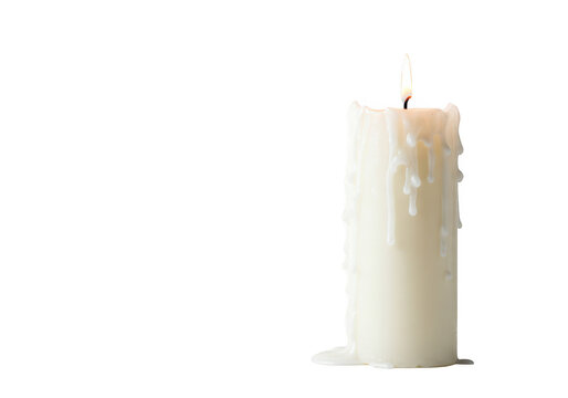 A single white candle burning with a flame and dripping wax, isolated on a transparent background - Powered by Adobe