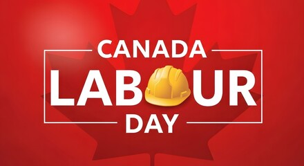 Fototapeta premium Canada labour day celebration with maple leaf and hard hat on red background