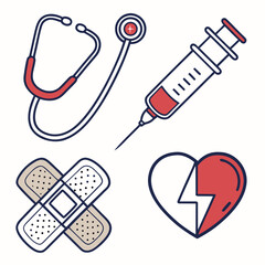 Vector art of medical tools and supplies including stethoscope, syringe, bandage, and broken heart