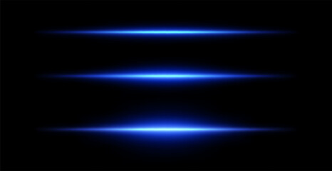 Neon line light. Straight blue beam with flare effect on black background. Vector glow of led laser stripe.