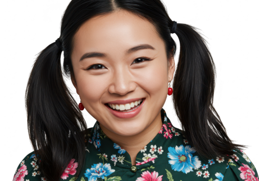 Happy young asian woman with dark hair in pigtails, wearing a floral blouse, smiling with eyes closed, isolated on transparent background - Powered by Adobe