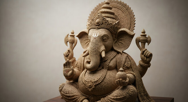 A detailed sculpture of the Hindu god Ganesha seated in a meditative pose, holding symbolic objects.