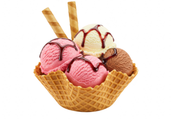 A waffle cone bowl filled with three scoops of pink and vanilla ice cream, drizzled with chocolate sauce and topped with wafer sticks, isolated on a transparent background