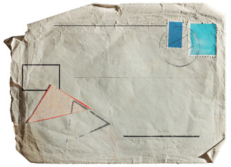 old envelope, aged letter envelope with old paper texture, retro mail envelope isolated on white background