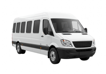 A white passenger minibus van with multiple windows, isolated on transparent background