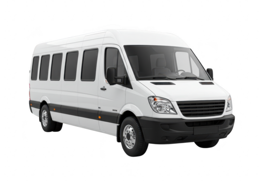 A white passenger minibus van with multiple windows, isolated on transparent background