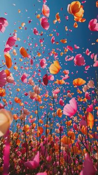 Blossom Petals Ascending: a captivating scene of vibrantly colored blossom petals soaring into a radiant sky above a blossoming field. It's a visual symphony of color and movement
