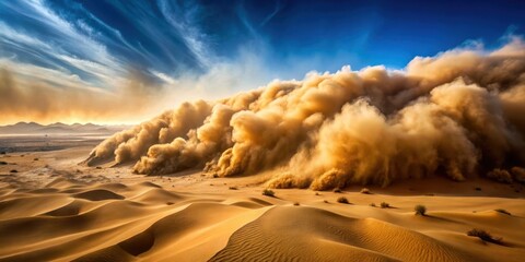 Sahara Desert landscape with massive sandstorm engulfing the horizon